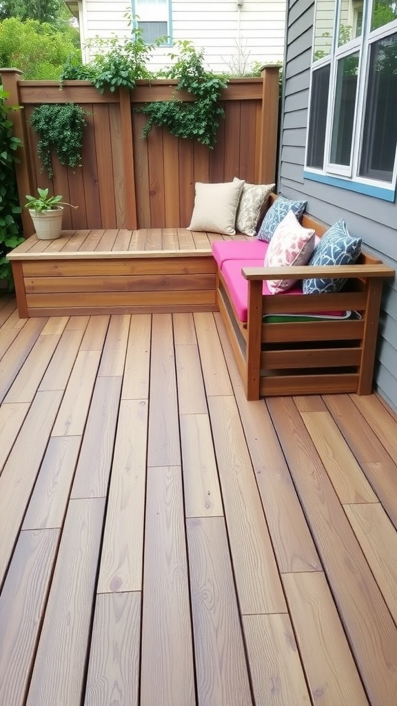 a basic wooden deck featuring built in bench seating with colorful cushions and plants on the wall A basic wooden deck featuring built-in bench seating with colorful cushions and plants on the wall.