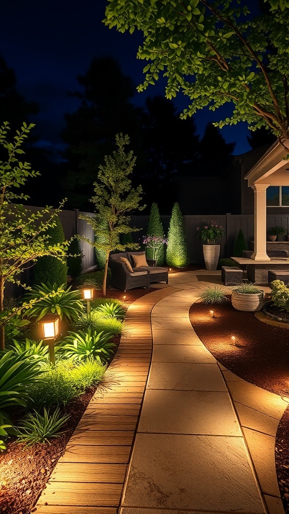 a beautifully lit pathway in a backyard at night showcasing led lights along a winding stone path surrounded by lush greenery A beautifully lit pathway in a backyard at night, showcasing LED lights along a winding stone path surrounded by lush greenery.