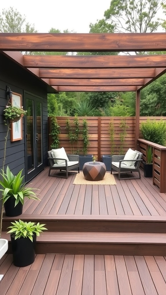 a clean lined wooden deck with minimal materials featuring two chairs a coffee table and surrounding greenery A clean-lined wooden deck with minimal materials, featuring two chairs, a coffee table, and surrounding greenery.