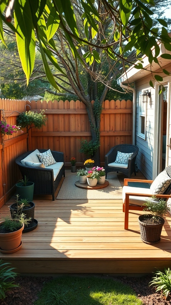 a compact deck area with two chairs potted plants and a warm wooden floor surrounded by a wooden fence A compact deck area with two chairs, potted plants, and a warm wooden floor, surrounded by a wooden fence.