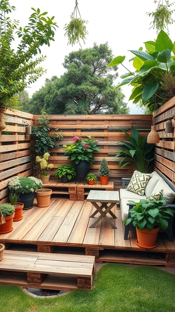 a cozy deck made from recycled wooden pallets surrounded by plants and comfortable seating A cozy deck made from recycled wooden pallets, surrounded by plants and comfortable seating.