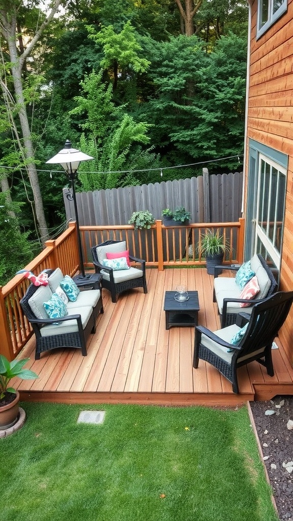 a cozy deck made of pressure treated lumber with seating and greenery around A cozy deck made of pressure-treated lumber with seating and greenery around.