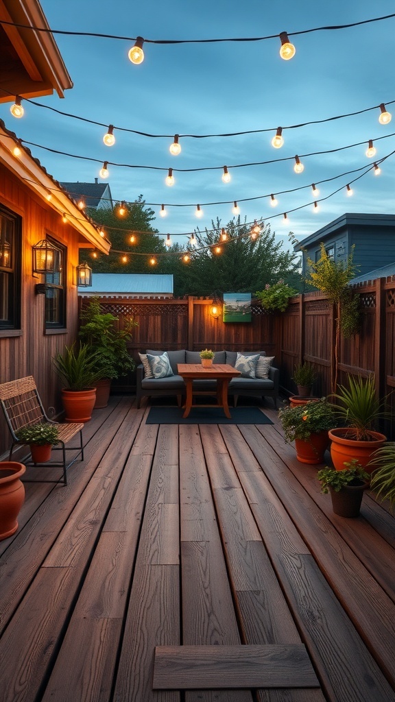 a cozy deck with string lights and potted plants A cozy deck with string lights and potted plants