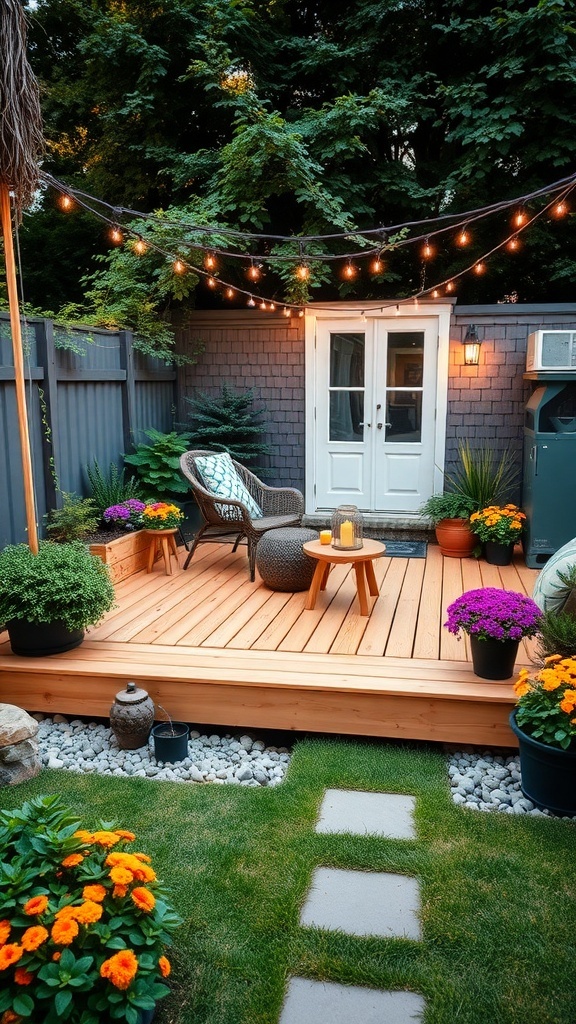 a cozy diy floating deck in a small yard featuring wooden planks potted flowers and string lights A cozy DIY floating deck in a small yard, featuring wooden planks, potted flowers, and string lights.