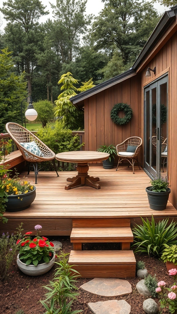 a cozy earth tone deck with a round table and chairs surrounded by flowers and greenery A cozy earth-tone deck with a round table and chairs, surrounded by flowers and greenery.