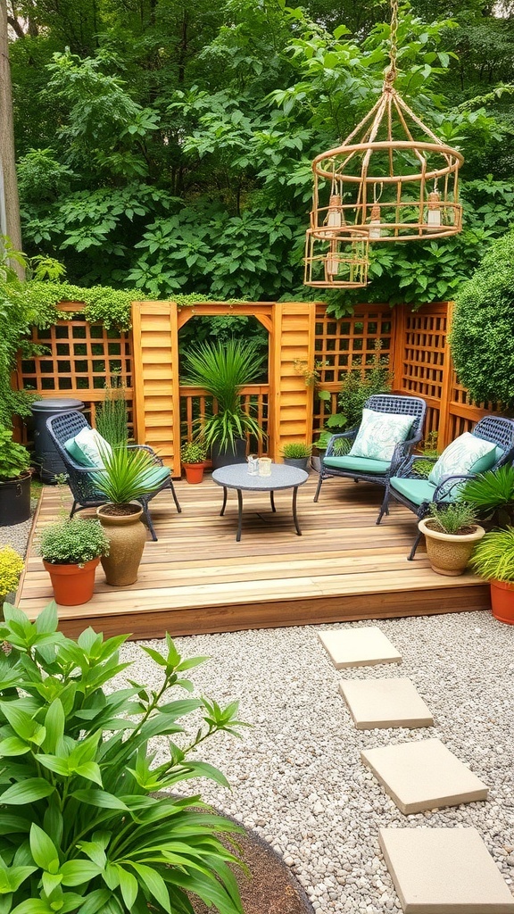 a cozy gravel and wood deck with seating and plants A cozy gravel and wood deck with seating and plants.
