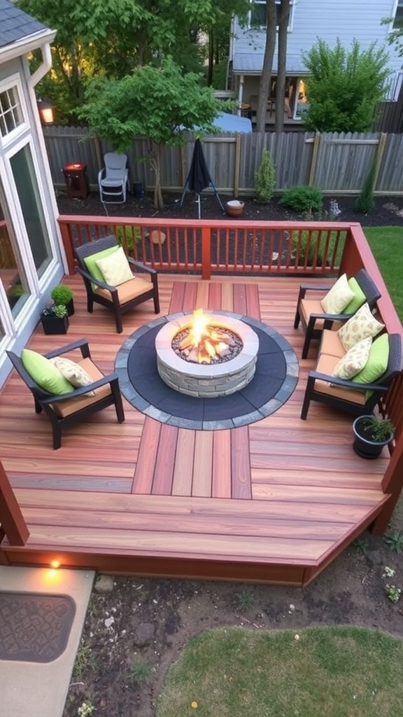 a cozy ground level deck featuring a stone fire pit surrounded by comfortable seating and potted plants A cozy ground-level deck featuring a stone fire pit surrounded by comfortable seating and potted plants.