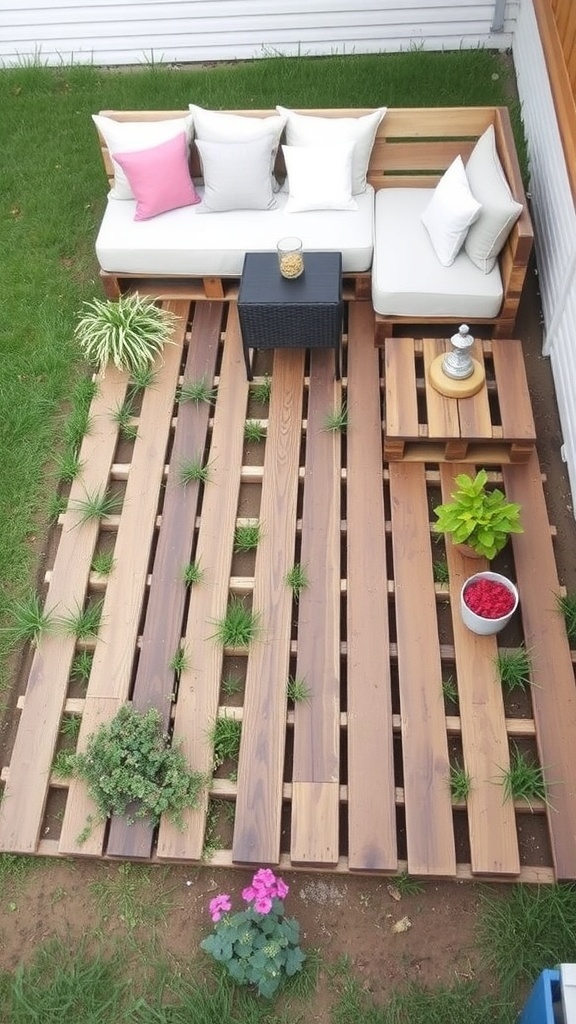 a cozy ground level deck made from wooden pallets featuring comfortable seating and a potted plant A cozy ground-level deck made from wooden pallets, featuring comfortable seating and a potted plant.