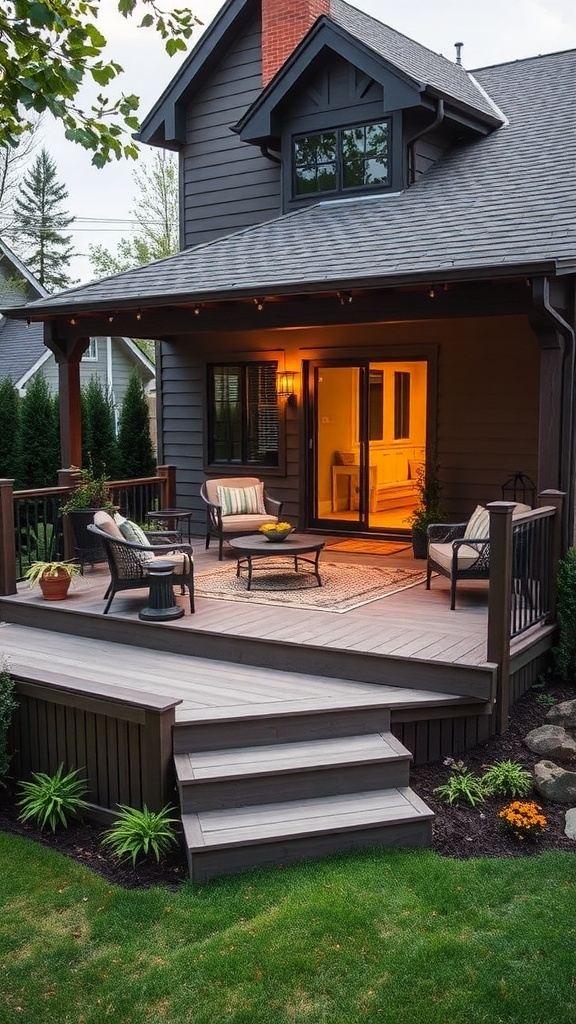 a cozy ground level deck with comfortable seating and plants showcasing a low maintenance composite style look A cozy ground-level deck with comfortable seating and plants, showcasing a low-maintenance composite-style look.