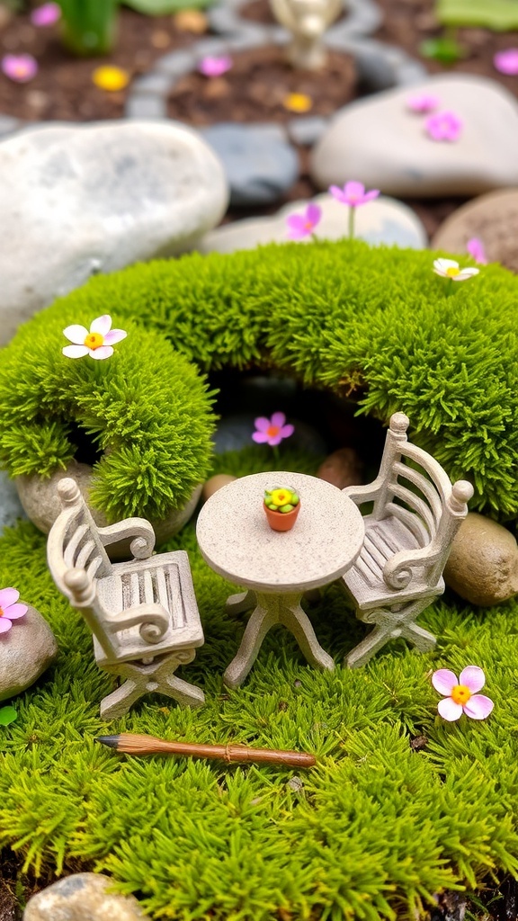 a fairy garden scene featuring miniature furniture and a small wooden house on natural moss A fairy garden scene featuring miniature furniture and a small wooden house on natural moss.
