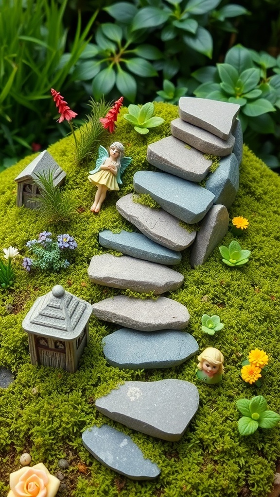 a fairy garden with a staircase made of flat stones surrounded by greenery and small decorations A fairy garden with a staircase made of flat stones, surrounded by greenery and small decorations.