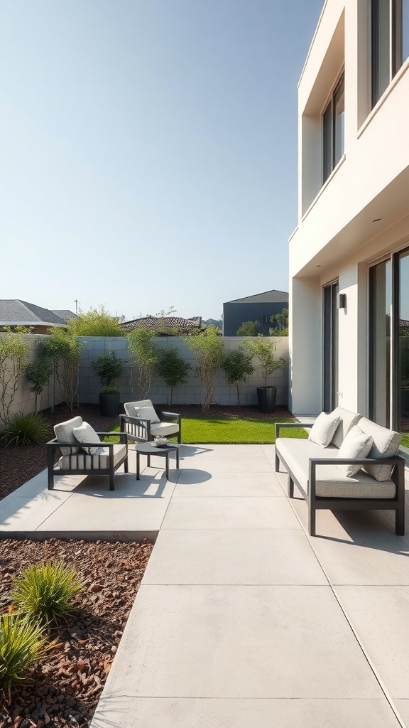 a minimalist concrete patio with clean lines neutral tones and comfortable seating A minimalist concrete patio with clean lines, neutral tones, and comfortable seating.