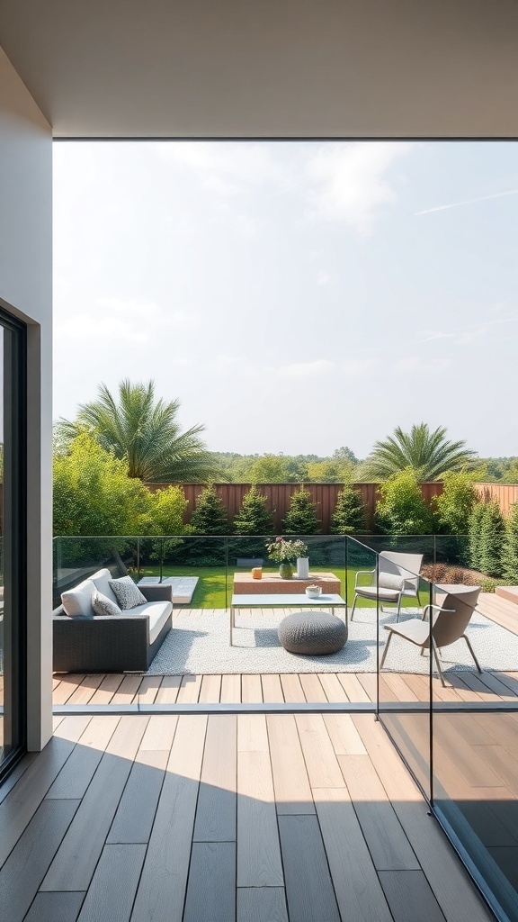 a modern backyard deck with glass railing featuring a cozy seating area and lush greenery A modern backyard deck with glass railing, featuring a cozy seating area and lush greenery.