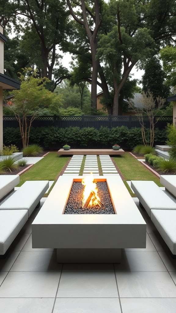 a modern backyard featuring a fire pit with built in bench seating surrounded by greenery and a stone pathway A modern backyard featuring a fire pit with built-in bench seating, surrounded by greenery and a stone pathway.