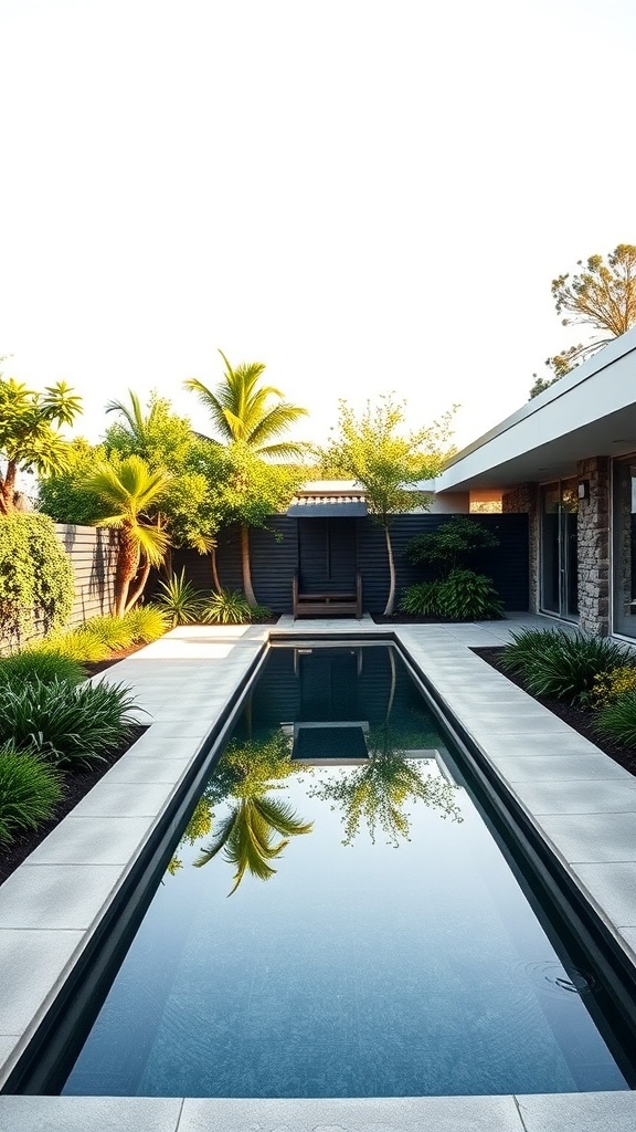 a modern backyard featuring a linear reflecting pool surrounded by lush greenery A modern backyard featuring a linear reflecting pool surrounded by lush greenery.