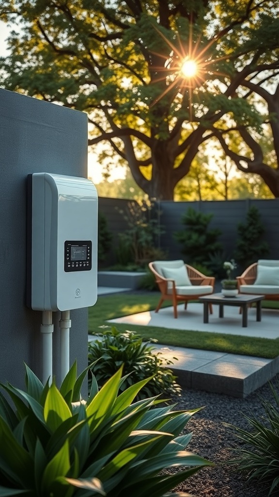 a modern backyard featuring a smart irrigation system surrounded by lush greenery and stylish landscaping A modern backyard featuring a smart irrigation system surrounded by lush greenery and stylish landscaping.