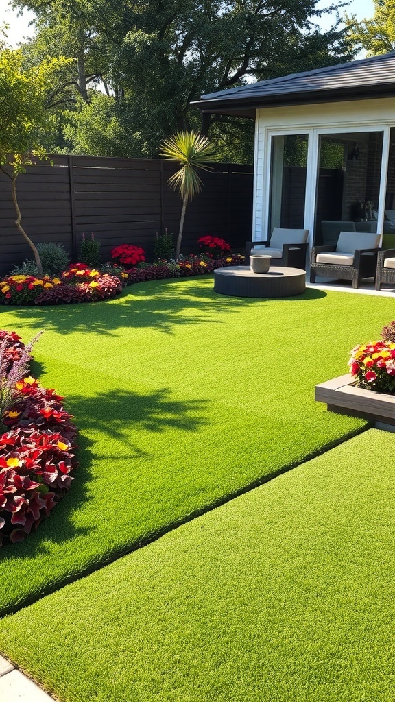 a modern backyard featuring artificial turf lawn with colorful flower borders A modern backyard featuring artificial turf lawn with colorful flower borders.