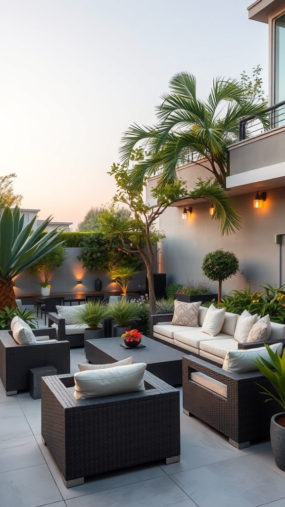 a modern outdoor lounge area featuring low profile modular seating surrounded by plants and soft lighting A modern outdoor lounge area featuring low-profile modular seating, surrounded by plants and soft lighting.