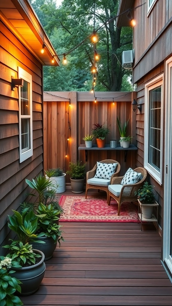 a narrow deck area with wooden flooring potted plants string lights and cozy seating A narrow deck area with wooden flooring, potted plants, string lights, and cozy seating.