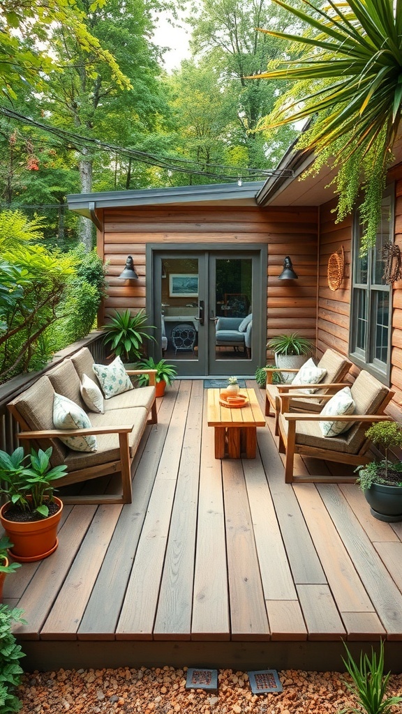 a rustic deck featuring salvaged boards comfortable seating and plants surrounded by greenery A rustic deck featuring salvaged boards, comfortable seating, and plants, surrounded by greenery.