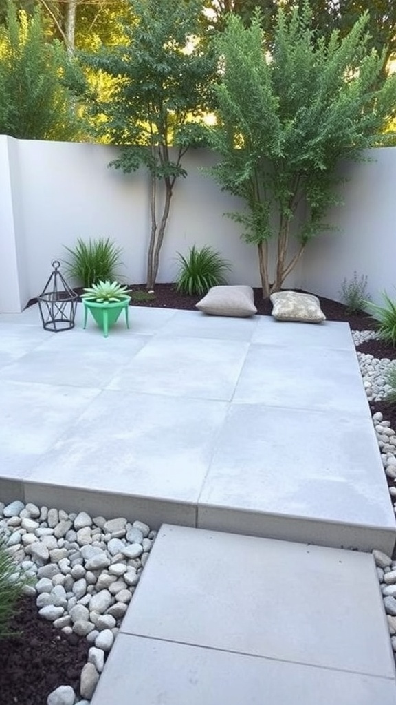 a simple concrete paver platform surrounded by green plants and decorative stones A simple concrete paver platform surrounded by green plants and decorative stones.