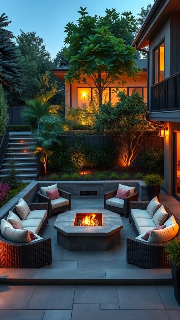 a sunken seating area with a fire pit surrounded by comfortable chairs and lush greenery A sunken seating area with a fire pit surrounded by comfortable chairs and lush greenery.
