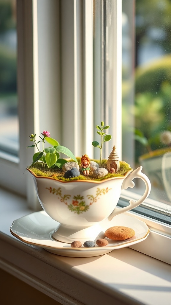 a teacup fairy garden with small plants pebbles and a miniature figure placed by a window A teacup fairy garden with small plants, pebbles, and a miniature figure, placed by a window.
