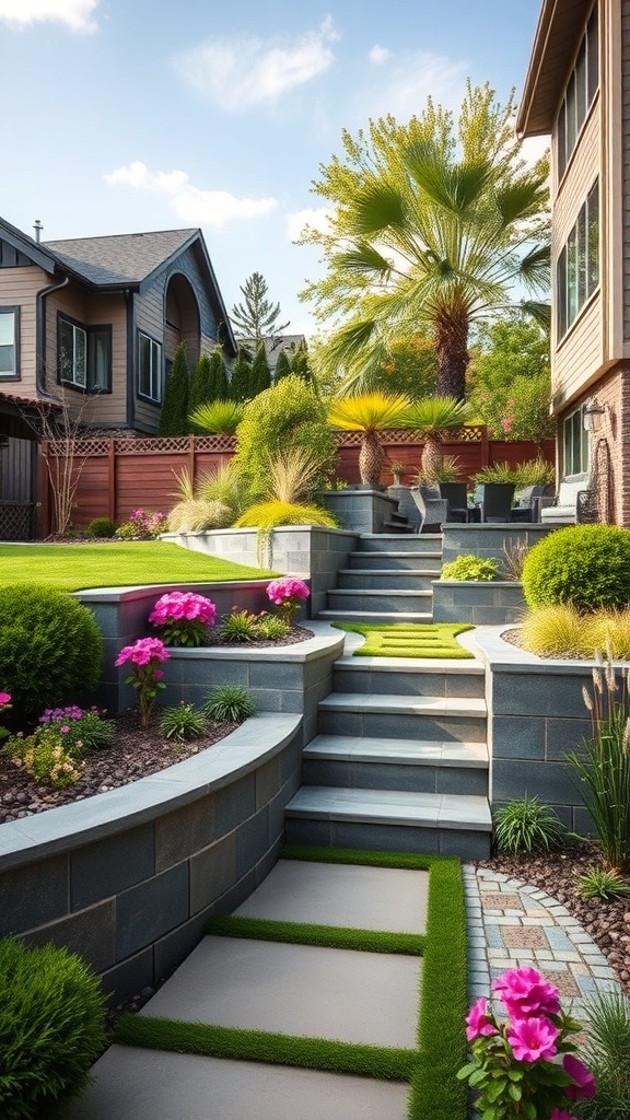 a tiered backyard landscape featuring sharp edged retaining walls steps and colorful flowers A tiered backyard landscape featuring sharp-edged retaining walls, steps, and colorful flowers.