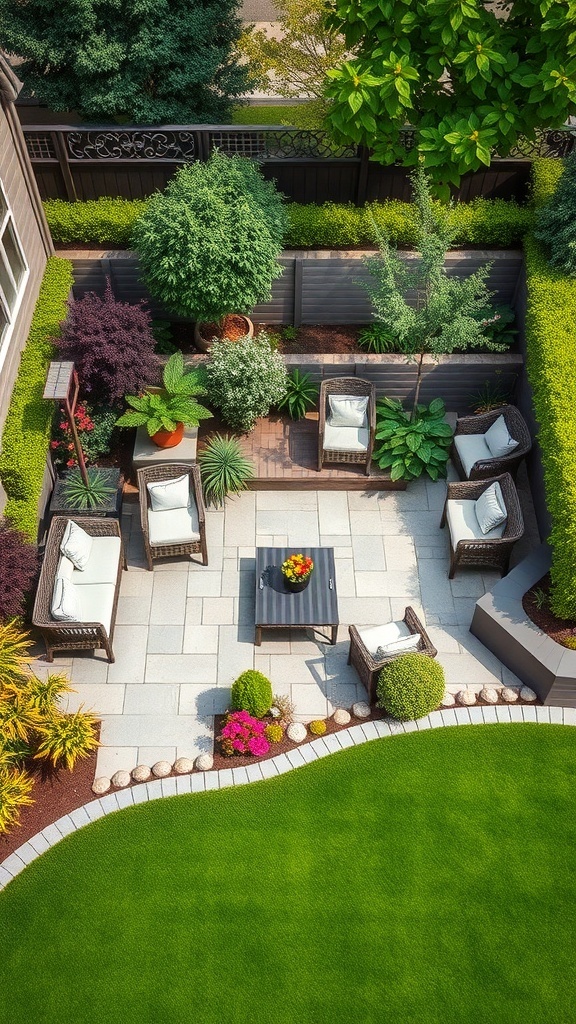 aerial view of an asymmetrical patio layout with seating and lush greenery Aerial view of an asymmetrical patio layout with seating and lush greenery.