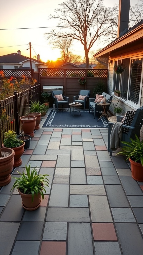 backyard deck with deck tiles potted plants and seating area during sunset Backyard deck with deck tiles, potted plants, and seating area during sunset.