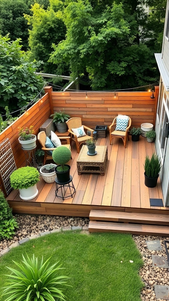 cozy backyard deck made of reclaimed wood with seating and plants Cozy backyard deck made of reclaimed wood with seating and plants.