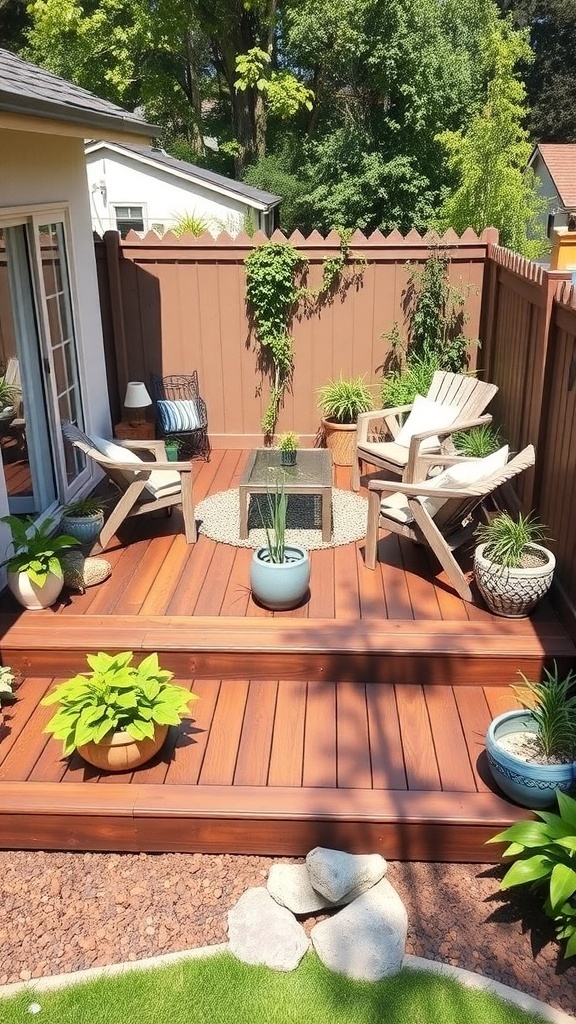 cozy ground level deck with sealed wood potted plants and comfortable seating Cozy ground level deck with sealed wood, potted plants, and comfortable seating