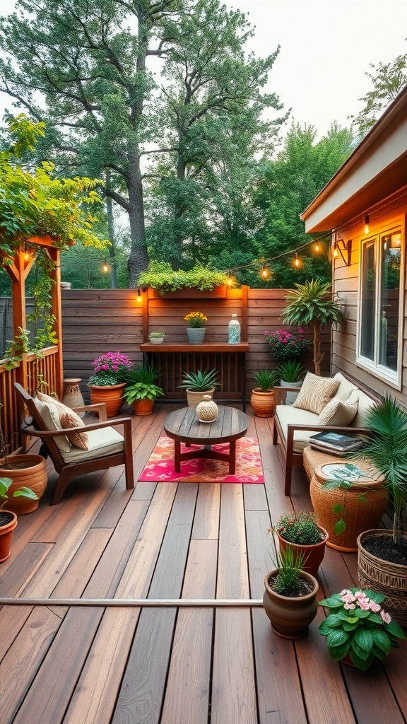 cozy natural finish deck with seating plants and soft lighting Cozy natural finish deck with seating, plants, and soft lighting.