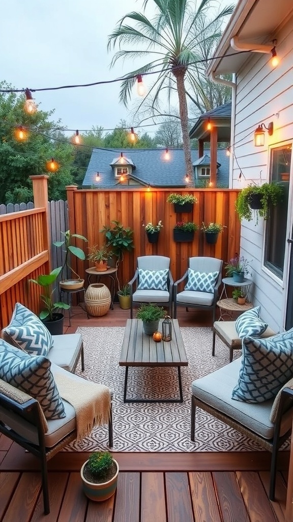 cozy small deck with seating table and plants Cozy small deck with seating, table, and plants