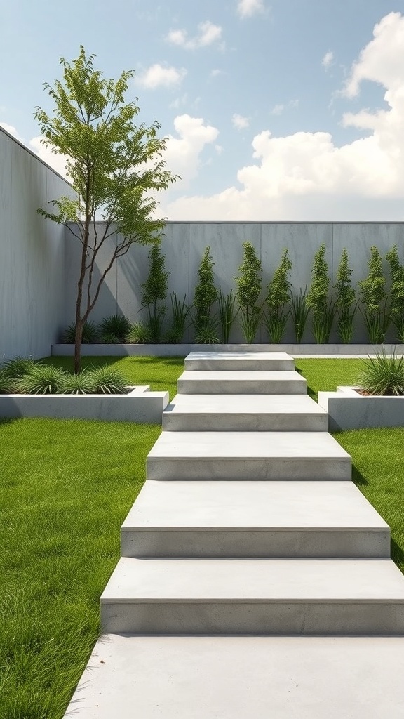 floating concrete steps leading through a modern lawn design with greenery Floating concrete steps leading through a modern lawn design with greenery.