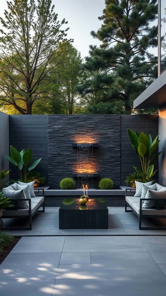 modern backyard featuring a built in waterfall wall sleek furniture and lush greenery Modern backyard featuring a built-in waterfall wall, sleek furniture, and lush greenery.