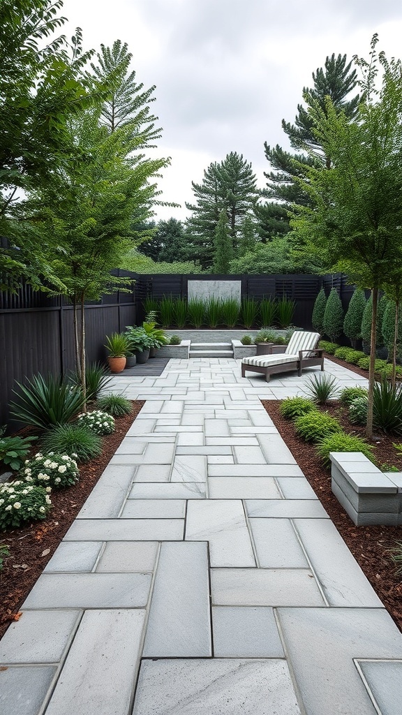 modern backyard with geometric paver walkways and lush greenery Modern backyard with geometric paver walkways and lush greenery