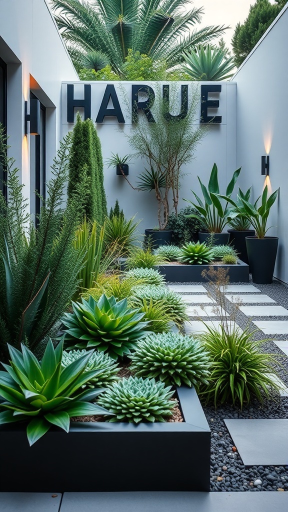 modern backyard with linear planter beds filled with architectural greenery Modern backyard with linear planter beds filled with architectural greenery.