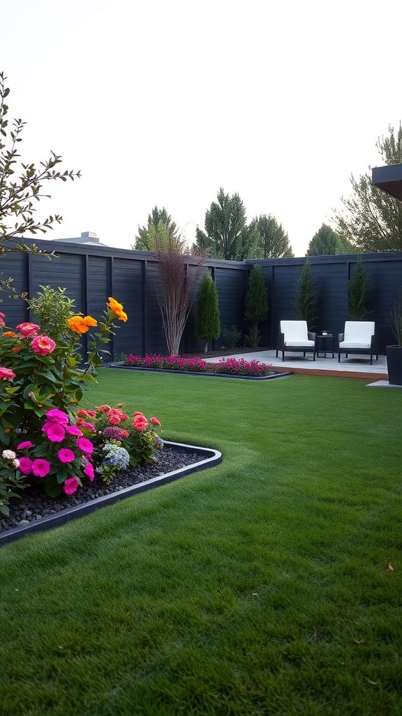 modern backyard with metal edging vibrant flowers and green grass Modern backyard with metal edging, vibrant flowers, and green grass
