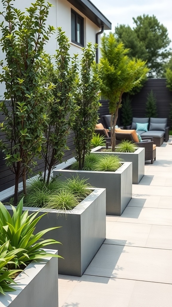 modern backyard with raised concrete planters and greenery Modern backyard with raised concrete planters and greenery