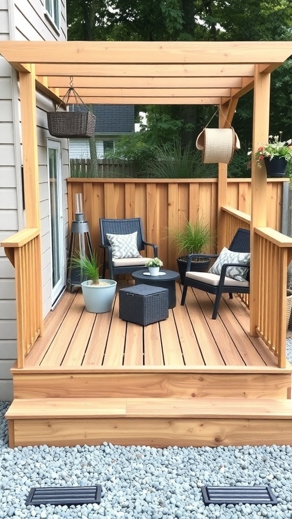 natural wood deck with pea gravel base featuring seating and plants Natural wood deck with pea gravel base, featuring seating and plants.