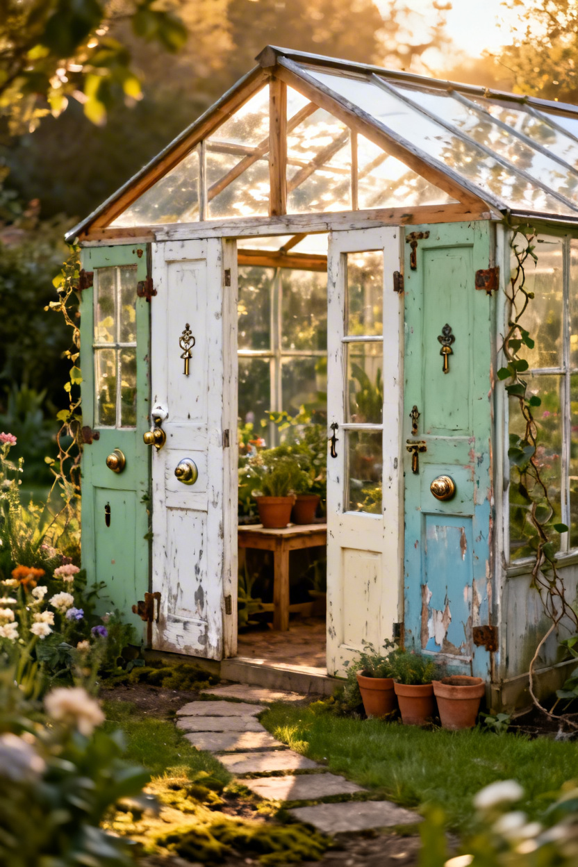 old door greenhouse magic 1 1 6 Vintage Greenhouse Ideas for a Charming Garden Space