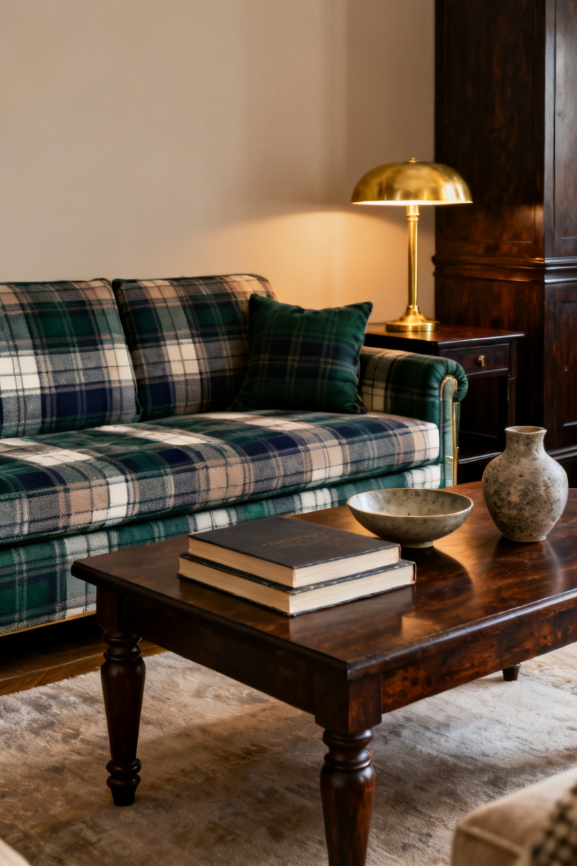 Plaid Sofa Dark Wood