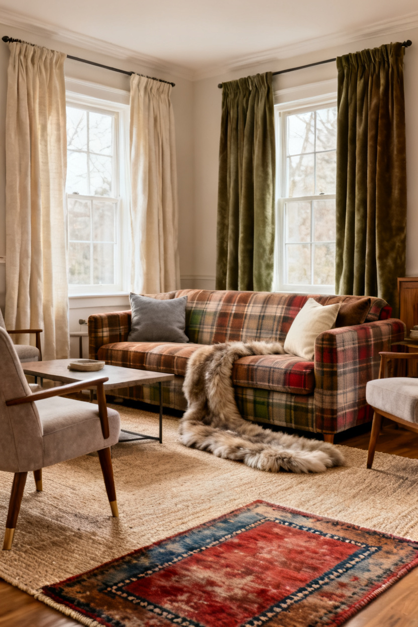 Plaid Sofa Layered Rugs