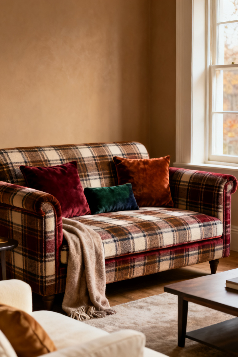 Plaid Sofa Velvet Pillows
