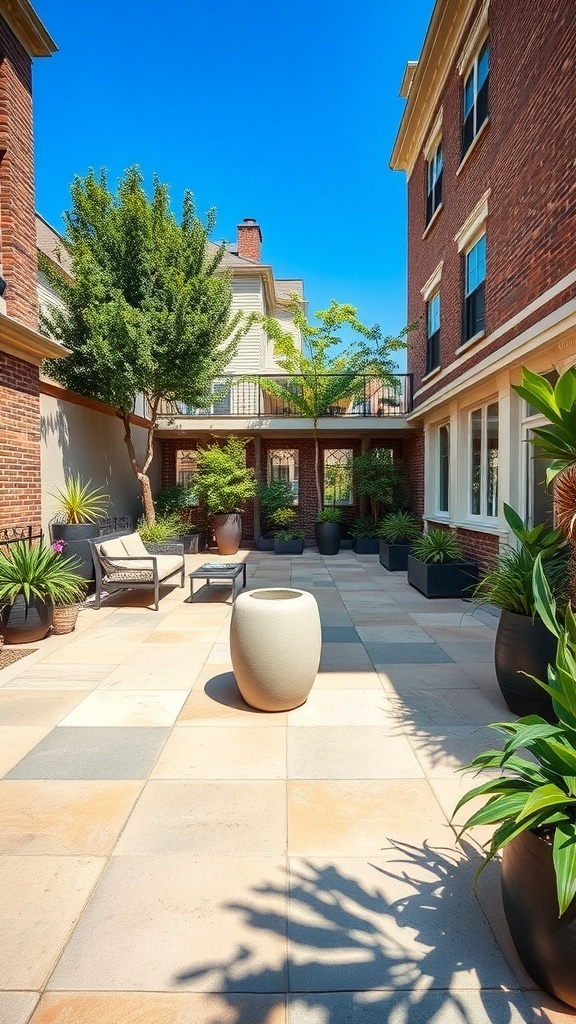 urban courtyard style backyard with stone paving and lush greenery Urban courtyard-style backyard with stone paving and lush greenery